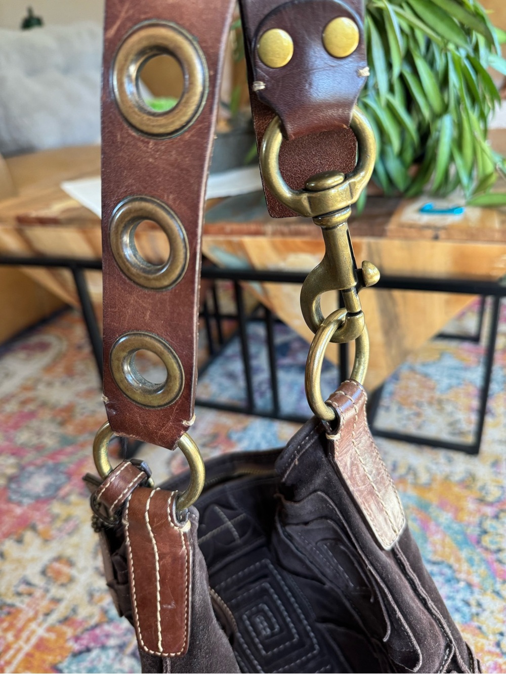 Coach Brown Suede Tote with Leather ID Tag - Picture 7 of 9